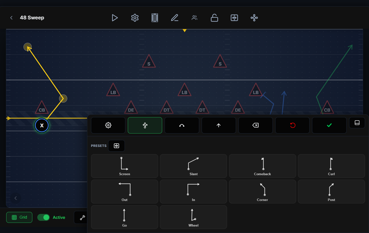 Formation and route-tree pickers open, showing football-specific presets a generic app can't offer.