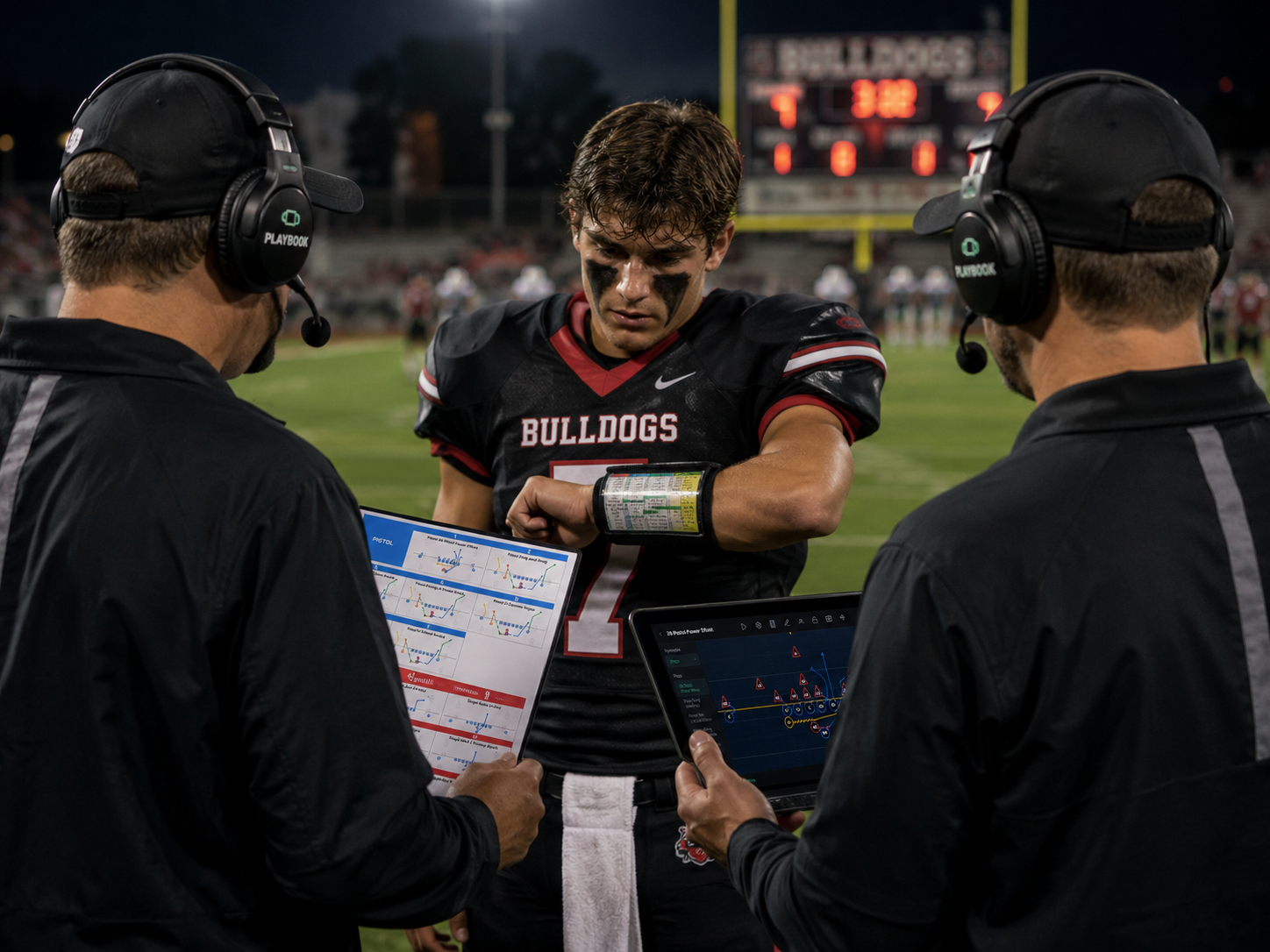 Sideline phone view — wristband and call sheet open offline with a "Synced" badge.