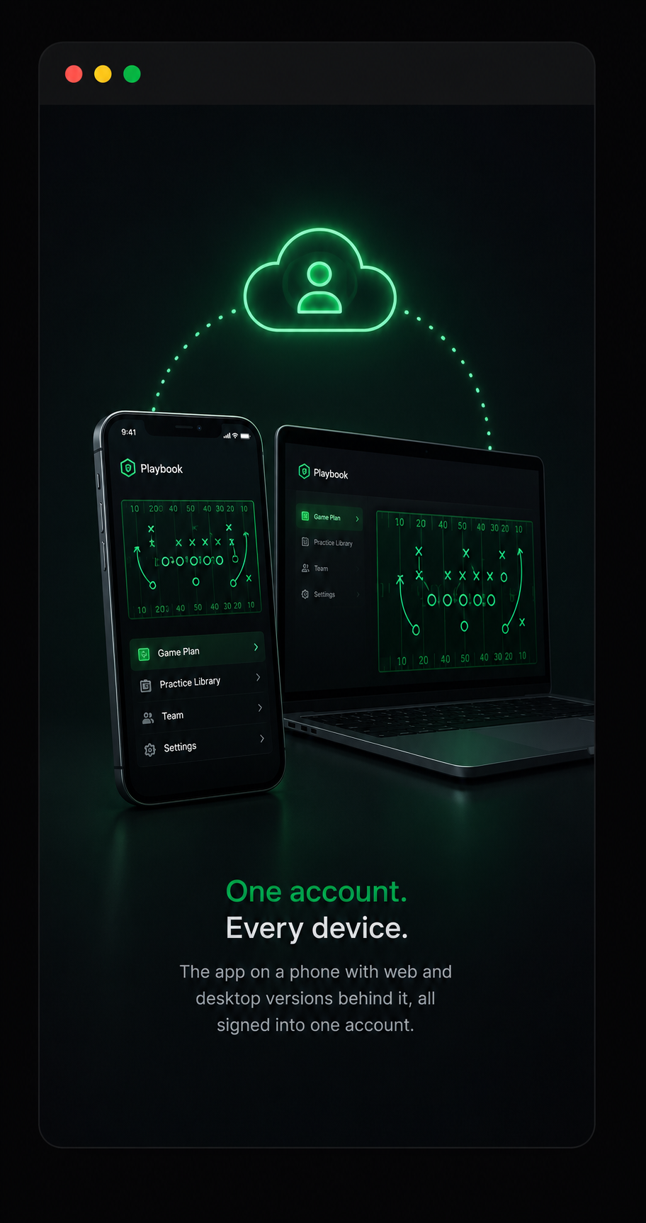 The app on a phone with web and desktop versions behind it, all signed into one account.
