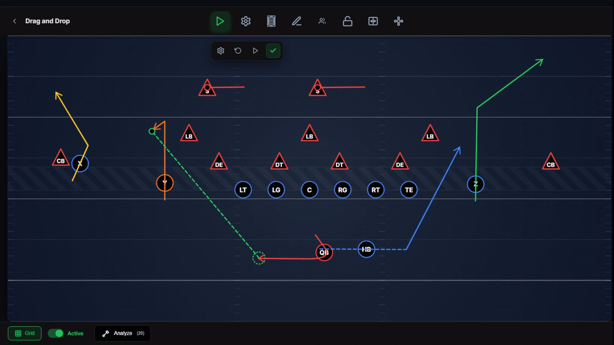 Mid-animation — players partway through their routes with play controls visible.