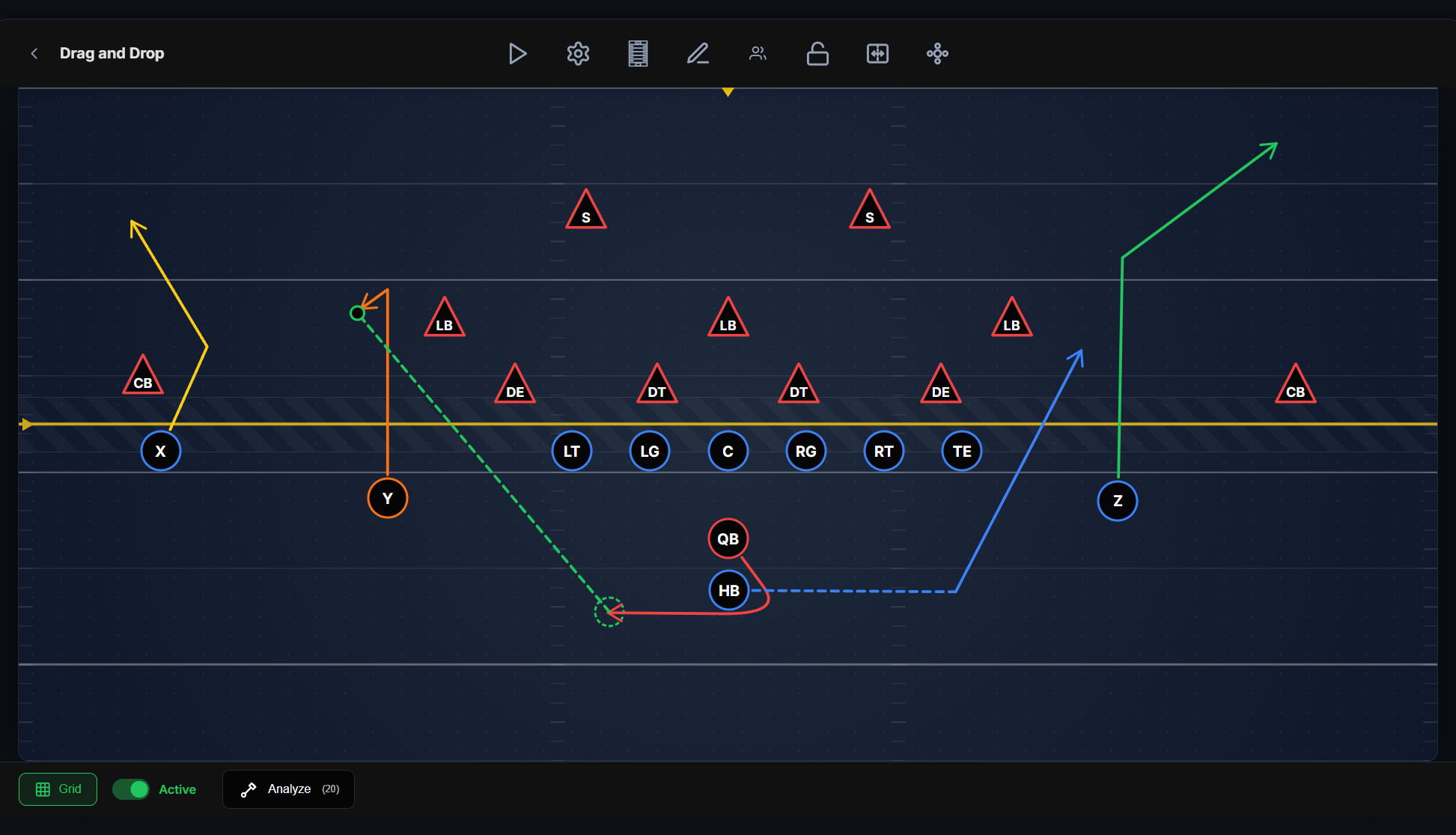 Formation preset loaded with color palette open and an annotation zone on the field.