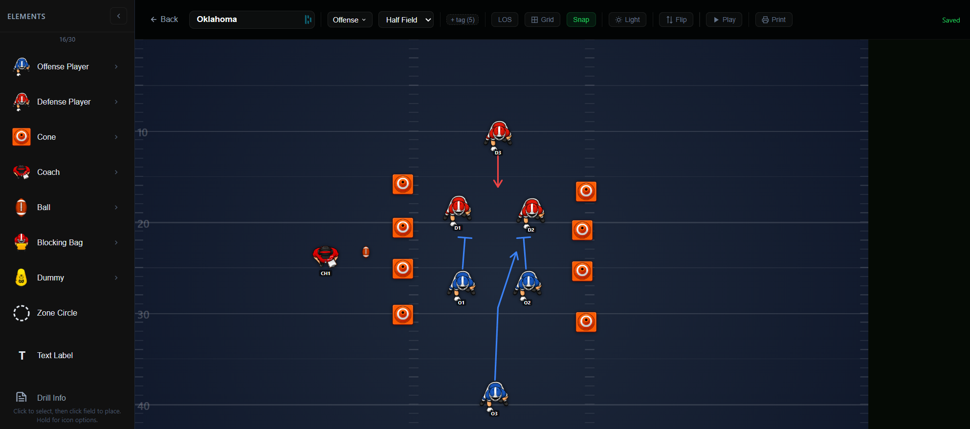 Drill canvas on a half-field view — cones, players, a coach, gear, and a branching route drawn out.
