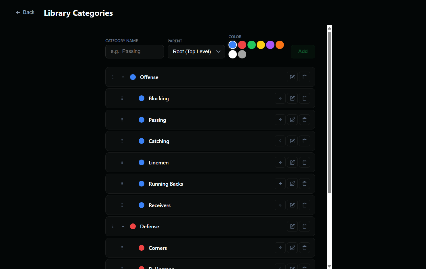 Drill library grid — drill cards grouped under color-coded categories with a preset library tab.