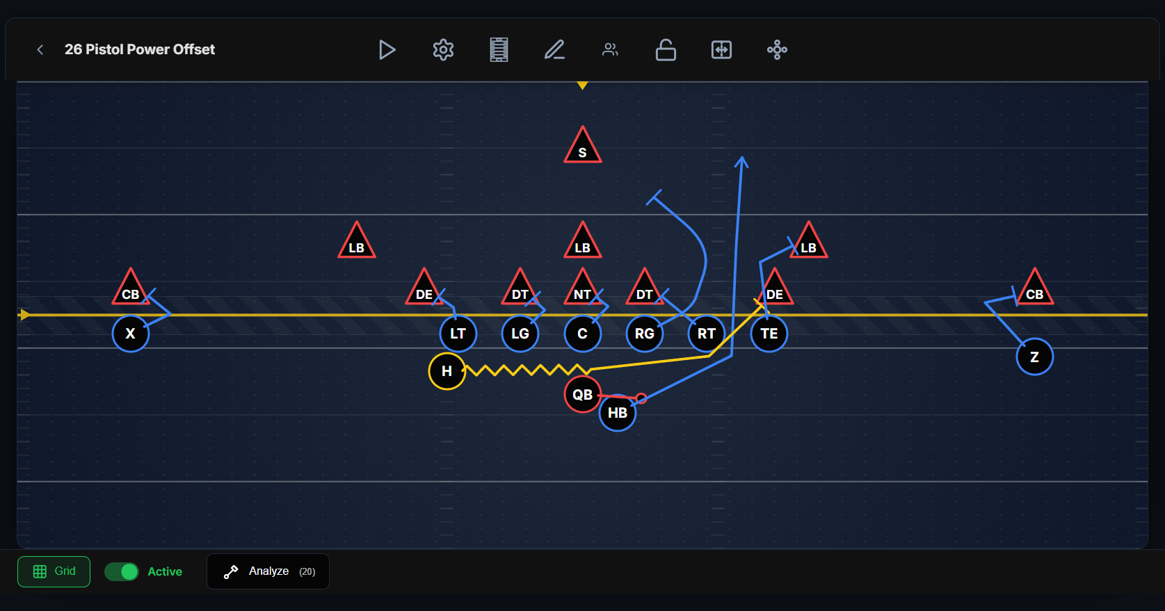 The Play Designer canvas with a simple youth offensive play drawn — players and clear routes.