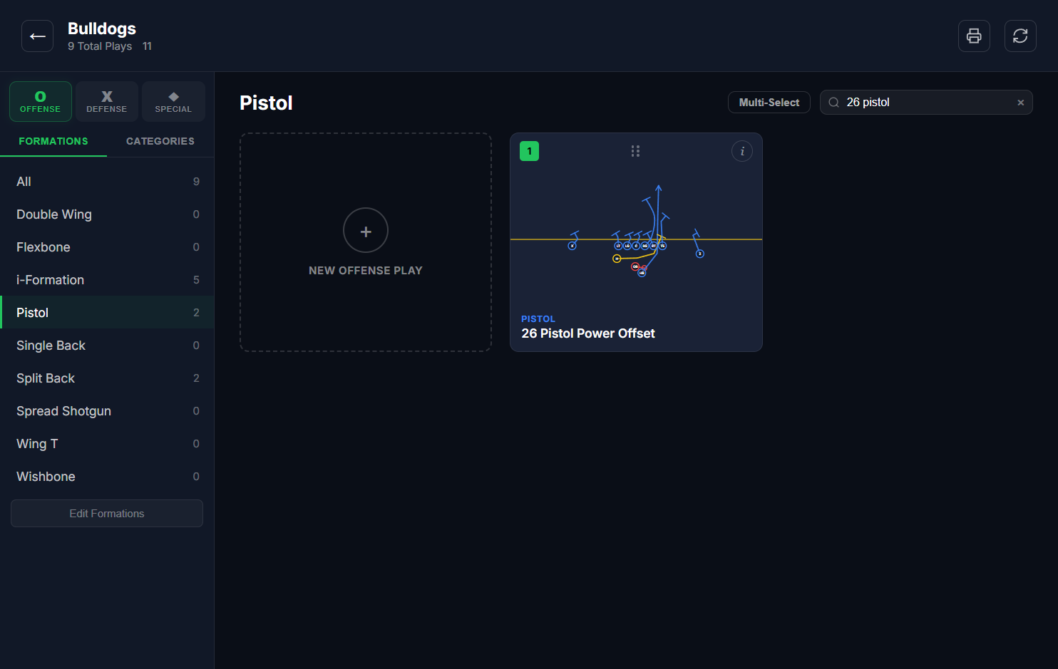 Play grid inside a playbook, filtered by category with call-number badges on the cards.