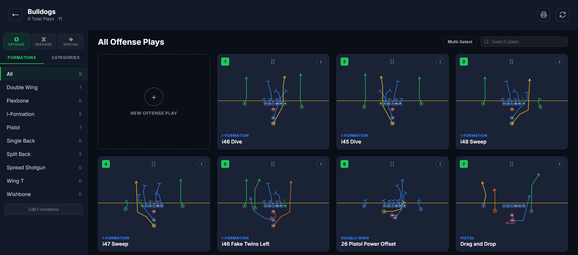 Playbook library overview — a grid of playbook cards with cover art, play counts, and the Active tab selected.