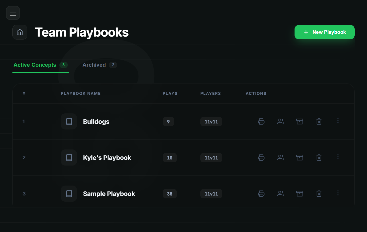 Playbook list with the Active / Archived tabs visible and several playbook cards.