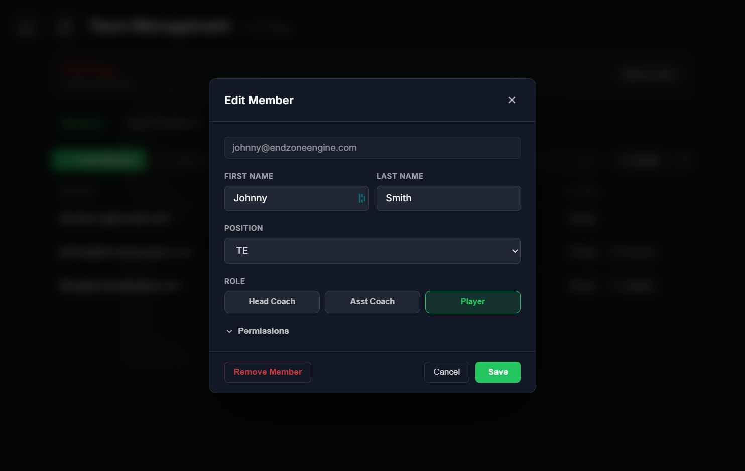 Assignment modal grouped by position, with roster players checked in and a note field open.