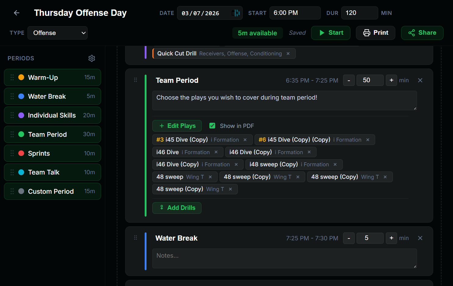 A Team Period expanded with attached plays and a skills period with drills added from the library.