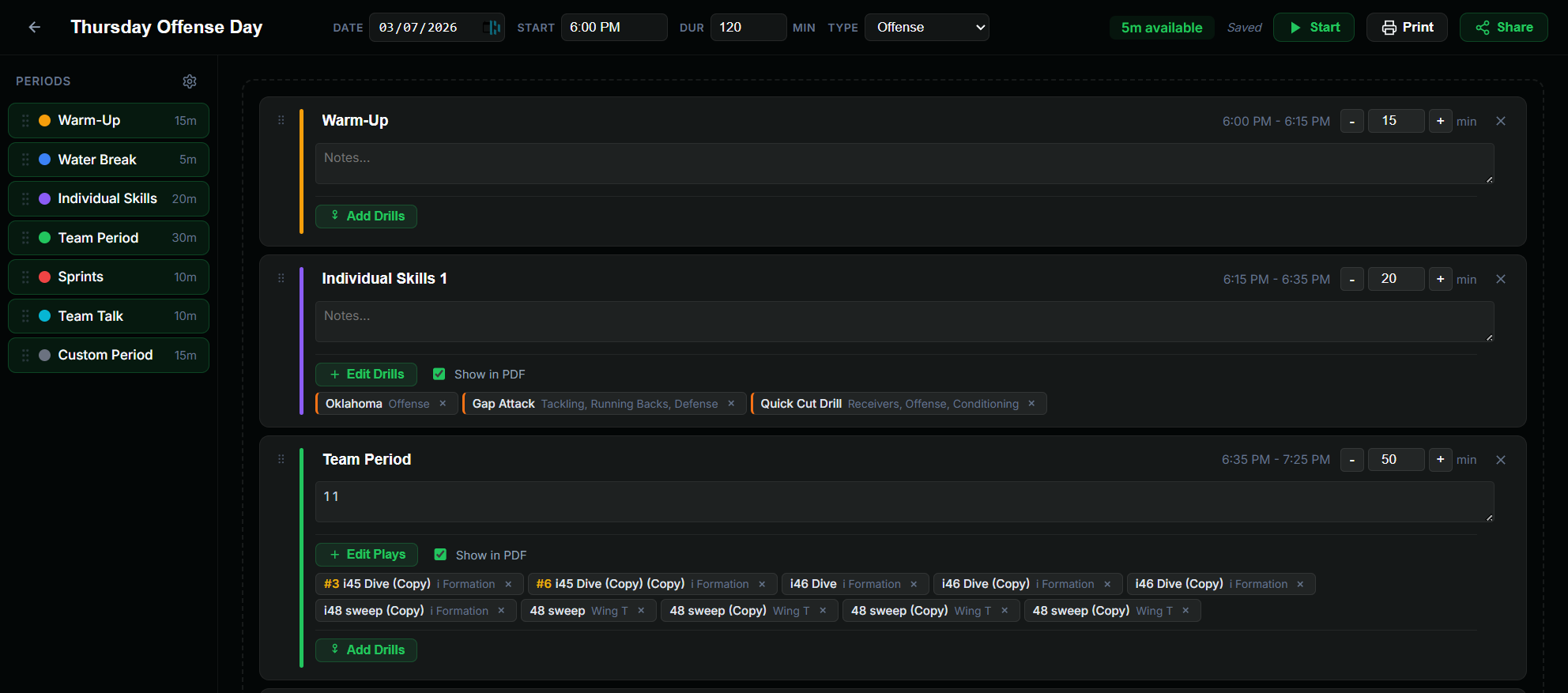 Practice plan builder with scripted periods, plays, and drills for the week.
