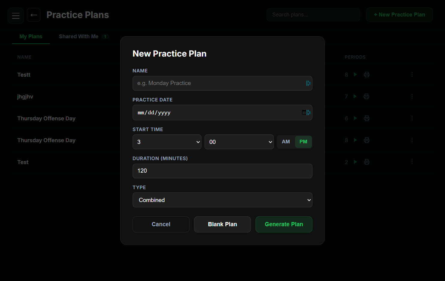 New practice plan setup — date, start time, duration and practice-type picker with the auto-generate option.