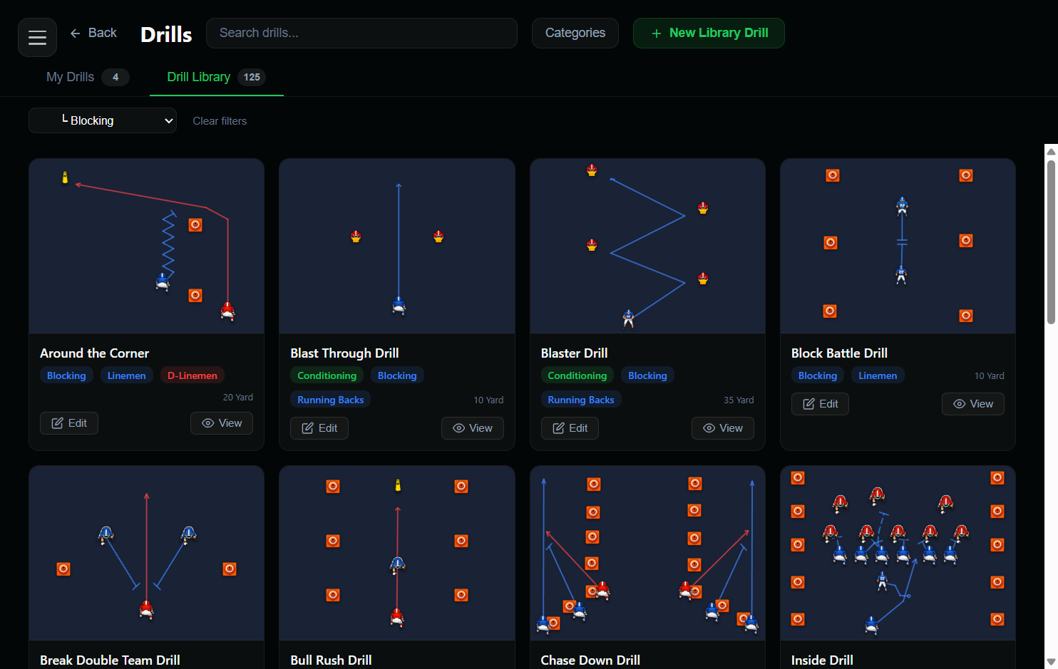 Preset drill library — 120+ ready-made drills grouped by category with a copy-to-my-drills action.