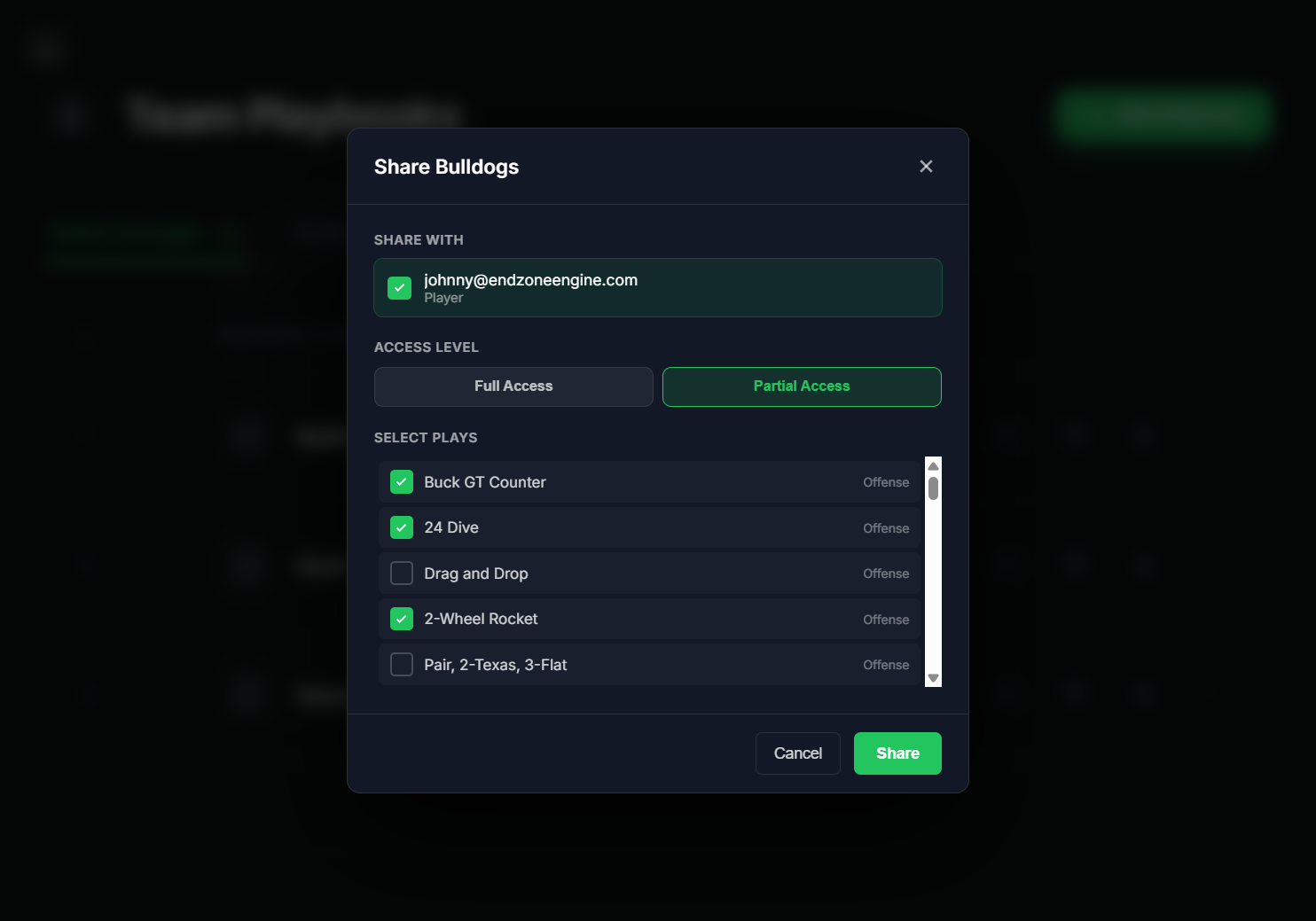 Share modal — member picker with full / partial access and edit-rights permission toggles.