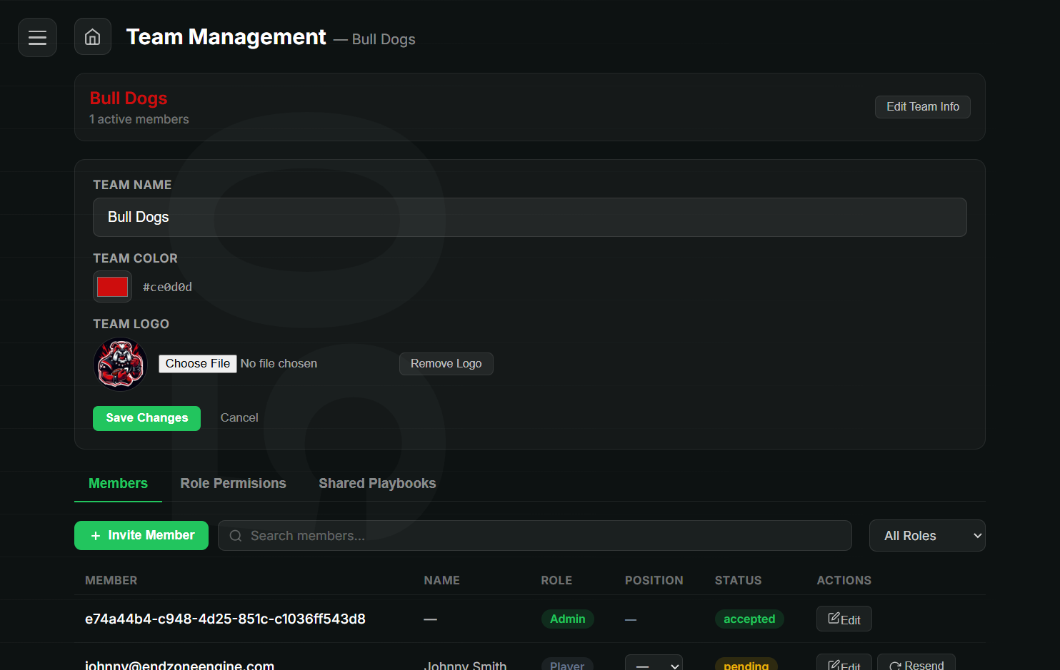 Create-team screen with name, logo and primary color, plus the invite-by-email field.
