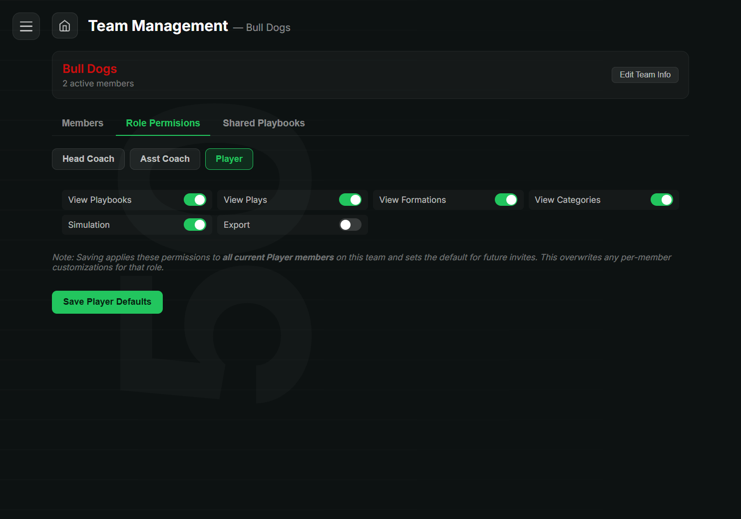 Permissions panel — a role's create / read / edit / delete grid and feature toggles.